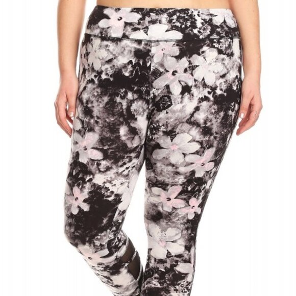 BLACK/GREY/PINK FLORAL MID-RISE LEGGING W/ STRAPPY MESH PANELS #7L18-02 - Picture 4 of 13